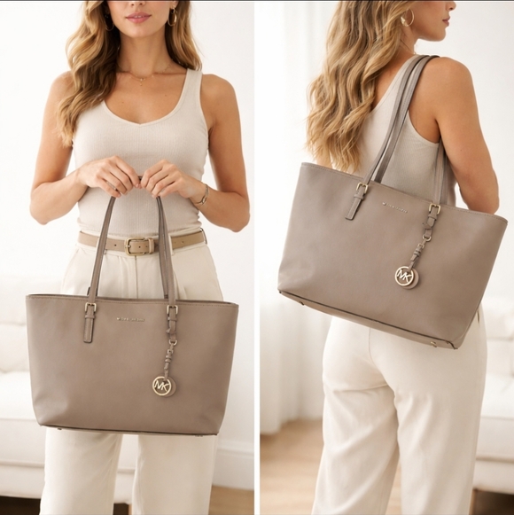 Michael Kors Handbags - Michael Kors Jet Set Travel Tote Shoulder Bag Taupe Saffiano Leather Work Bag